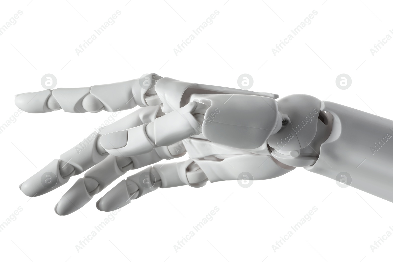 Photo of Artificial intelligence. Robot hand gesturing on white background