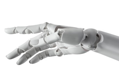 Photo of Artificial intelligence. Robot hand gesturing on white background