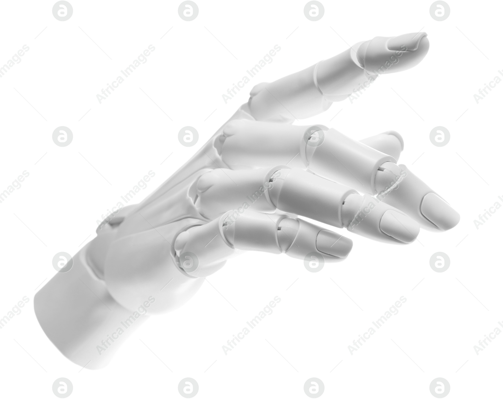 Photo of Artificial intelligence. Robot hand gesturing on white background