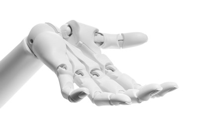 Photo of Artificial intelligence. Robot hand gesturing on white background