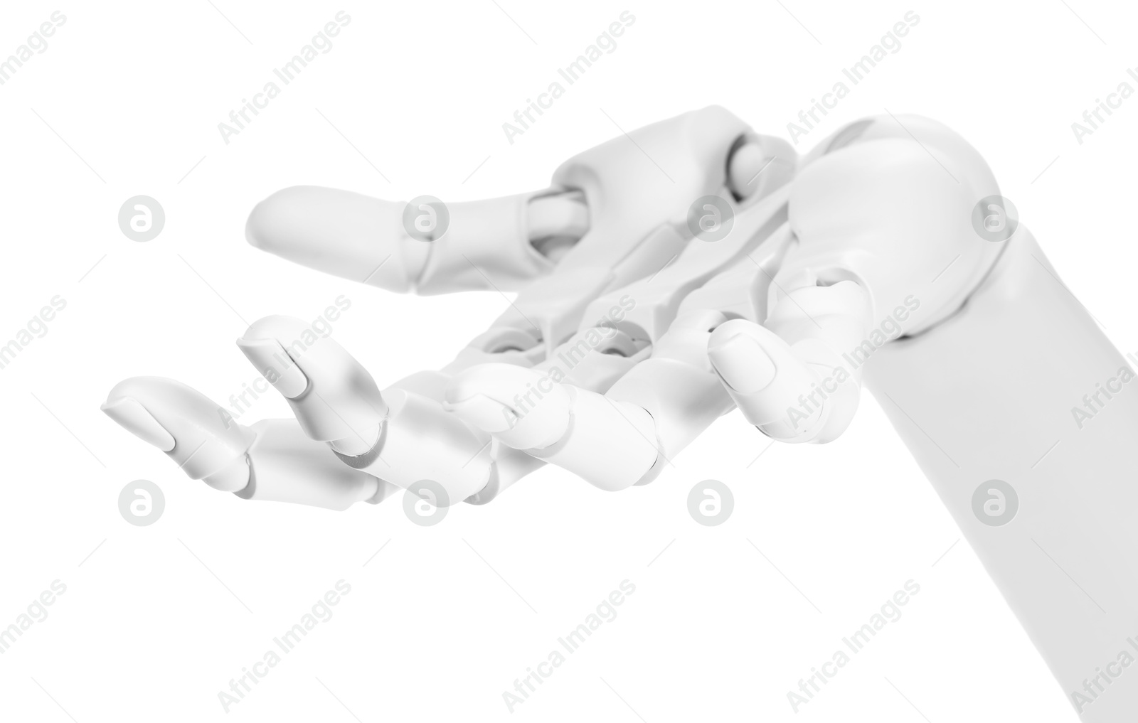 Photo of Artificial intelligence. Robot hand gesturing on white background