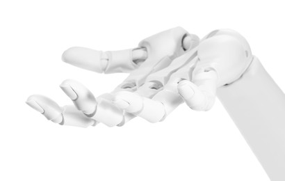 Photo of Artificial intelligence. Robot hand gesturing on white background