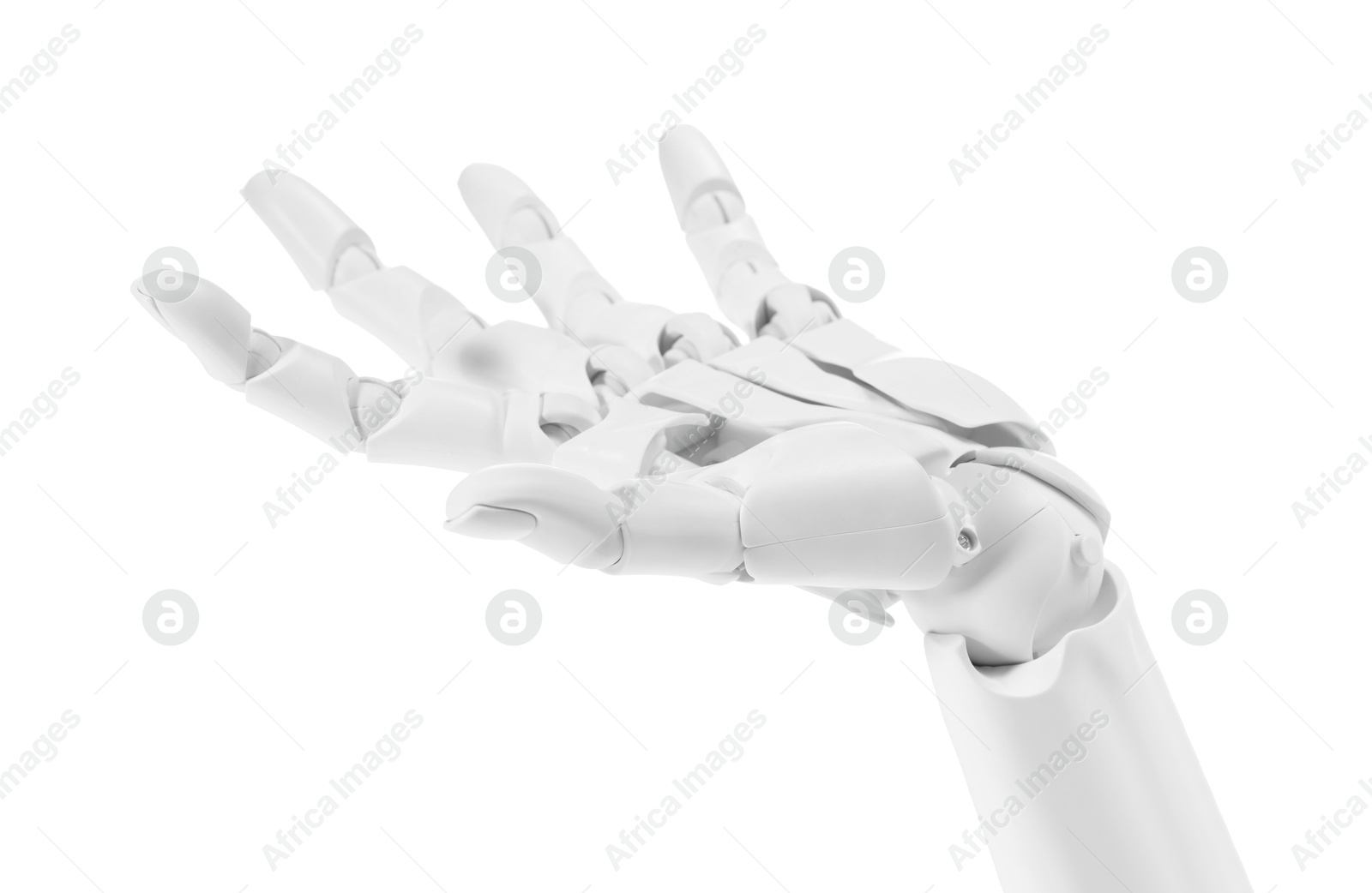 Photo of Artificial intelligence. Robot hand gesturing on white background