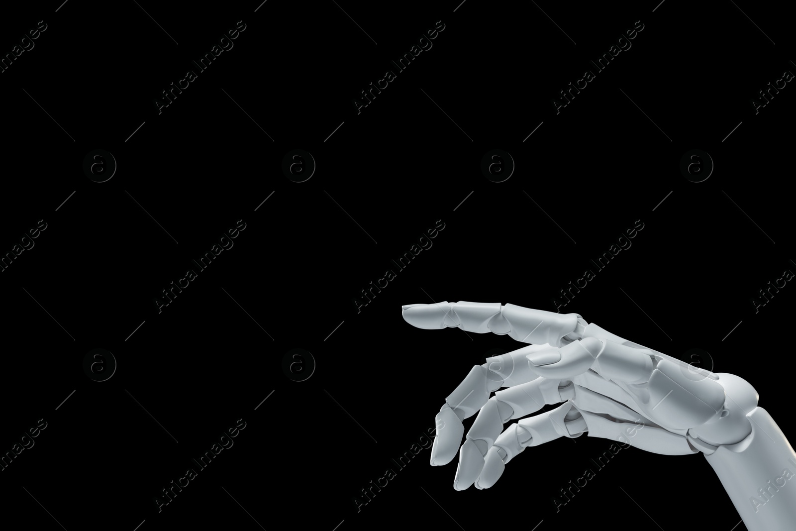 Photo of Artificial intelligence. Robot hand gesturing on black background, space for text