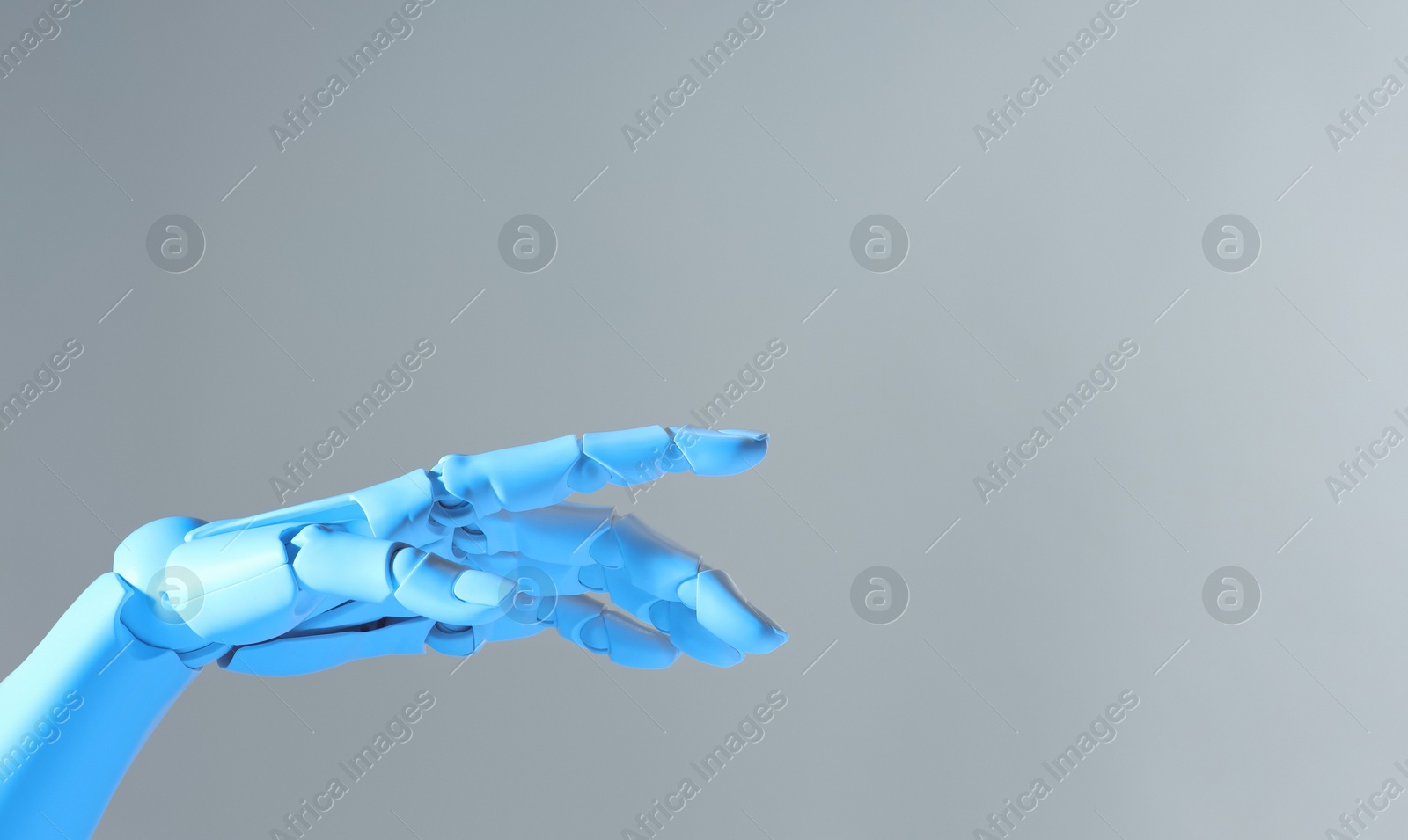 Photo of Artificial intelligence. Robot hand gesturing on grey background, space for text