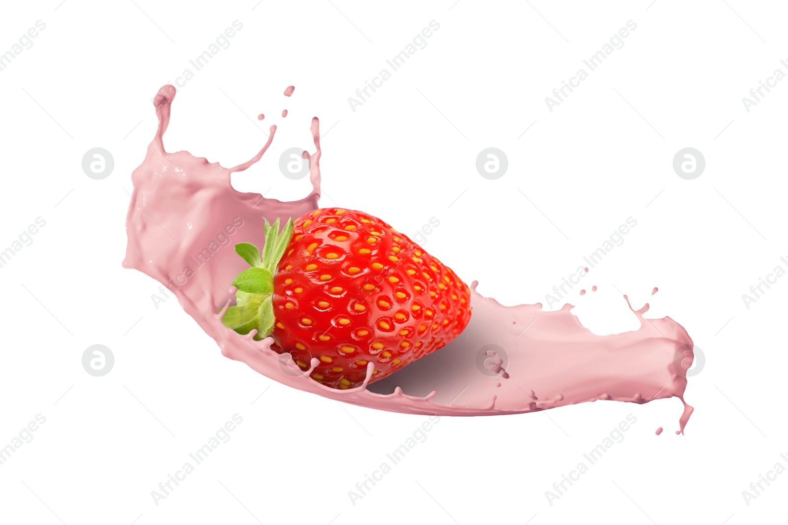 Image of Strawberry milkshake splash with berry in air on white background