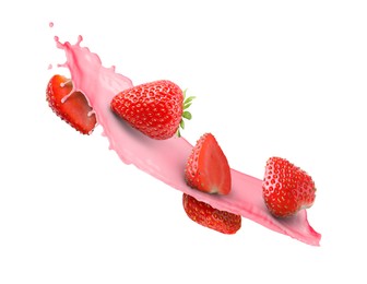 Image of Strawberry milkshake splash with berries in air on white background