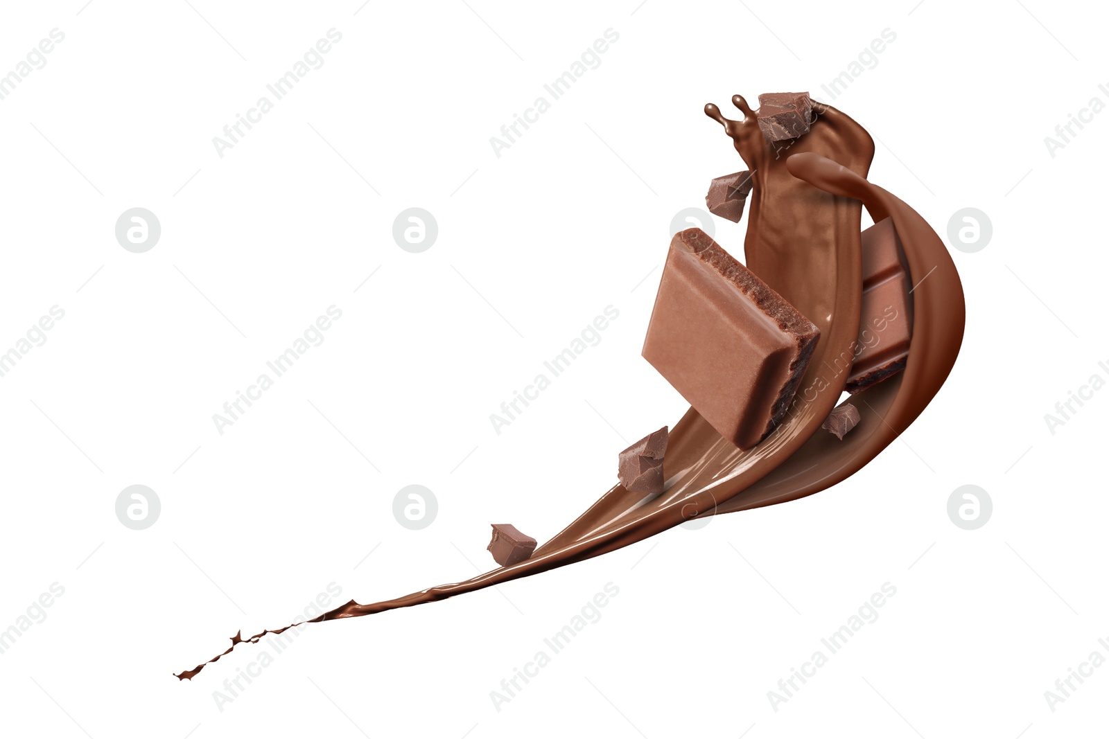 Image of Chocolate milkshake splash with pieces of chocolate in air on white background