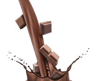 Image of Pouring chocolate milkshake with pieces of chocolate on white background