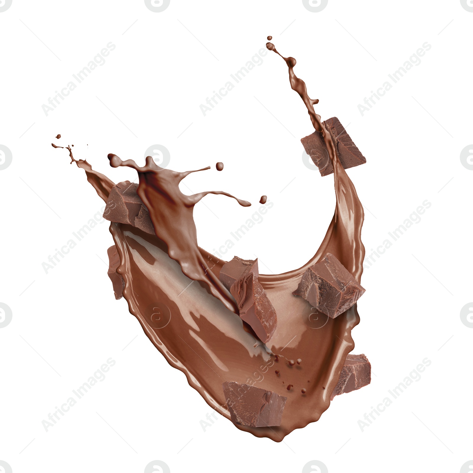 Image of Chocolate milkshake splash with pieces of chocolate in air on white background