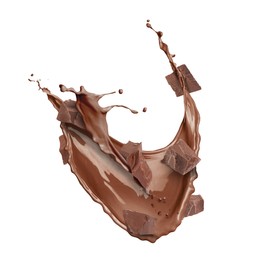 Image of Chocolate milkshake splash with pieces of chocolate in air on white background