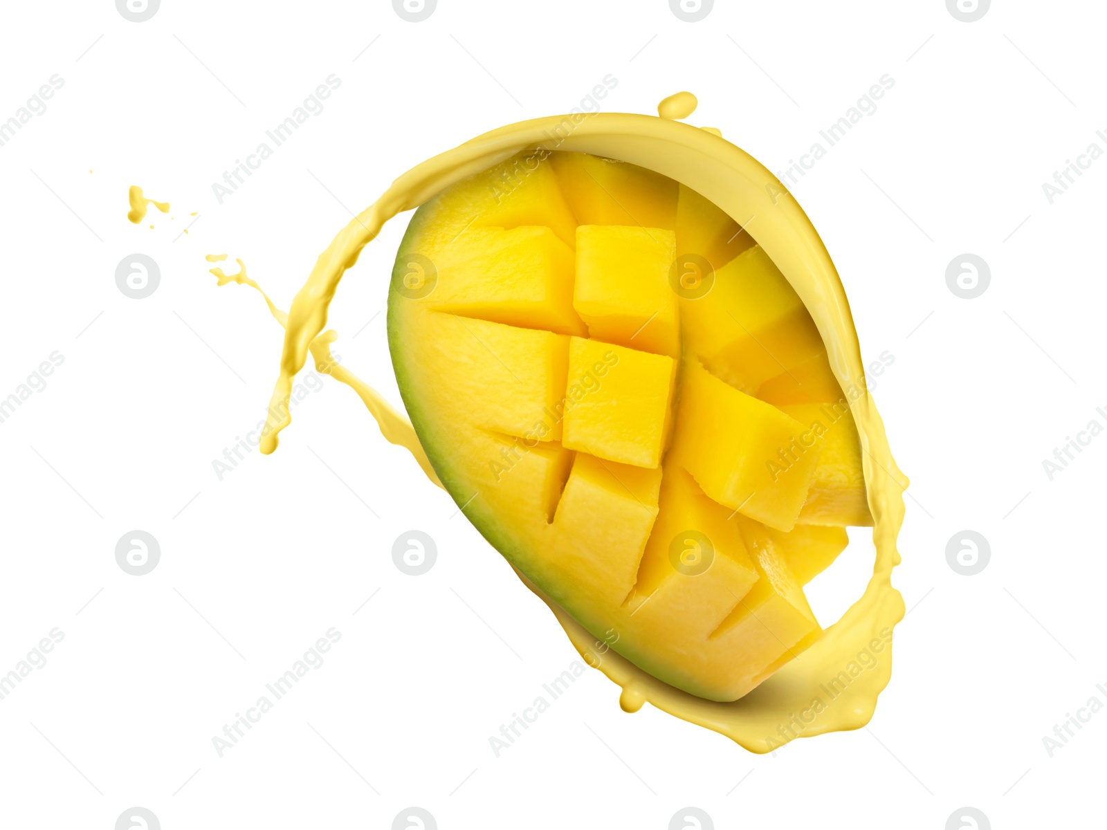 Image of Mango milkshake splash with fruit in air on white background