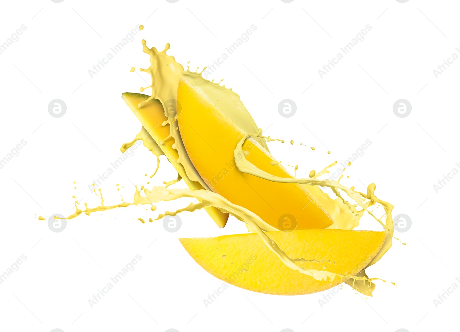 Image of Mango milkshake splash with fruit in air on white background