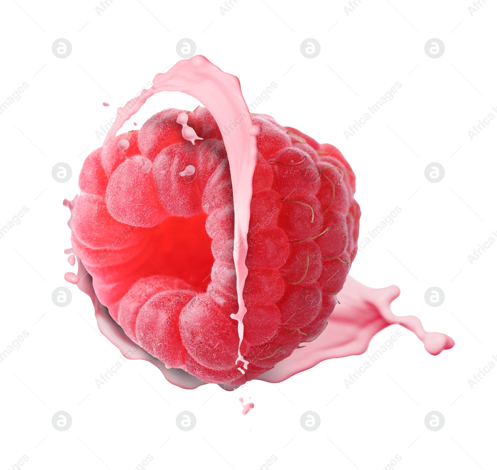 Image of Raspberry milkshake splash with berry in air on white background