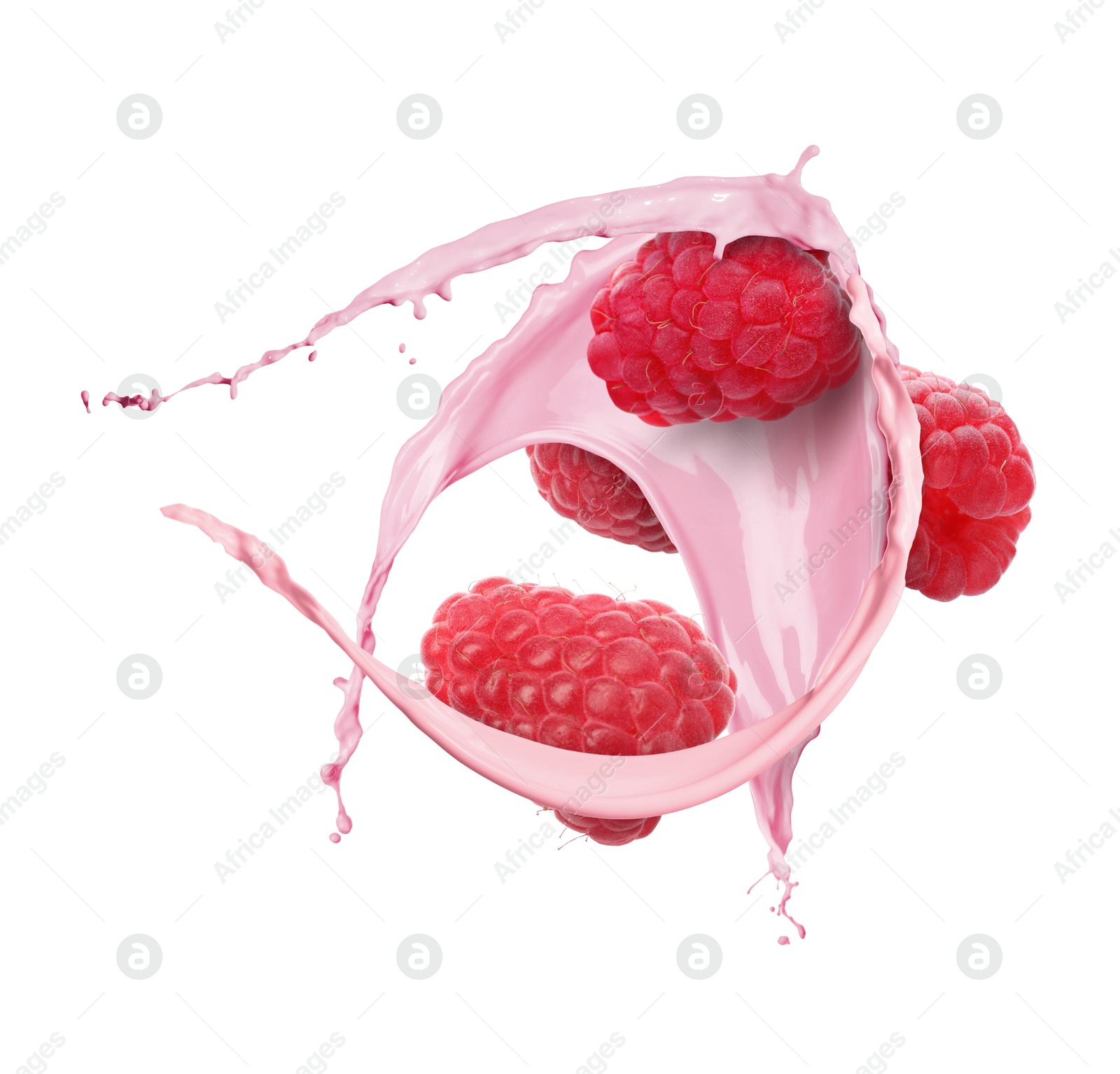 Image of Raspberry milkshake splash with berries in air on white background