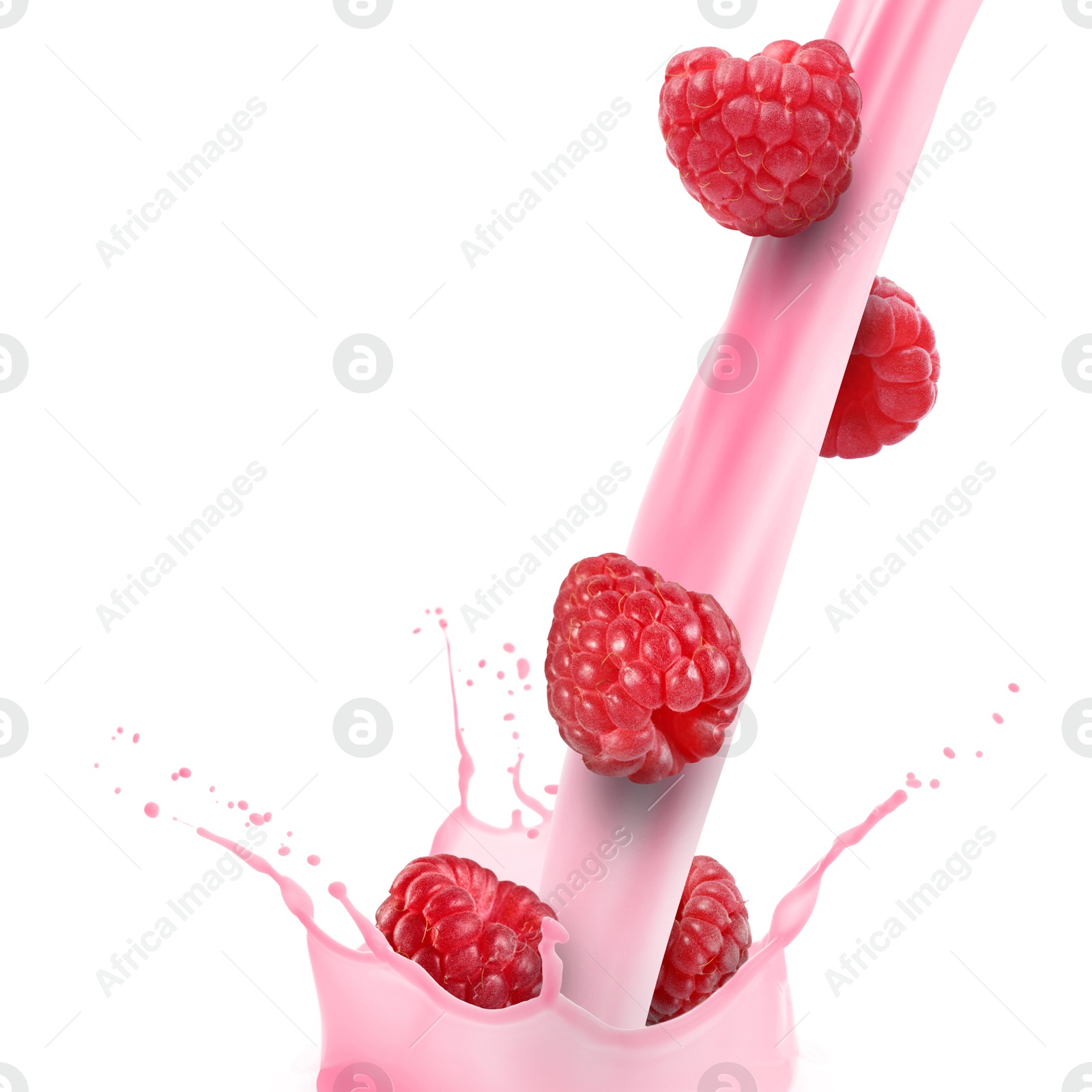 Image of Pouring raspberry milkshake with berries on white background