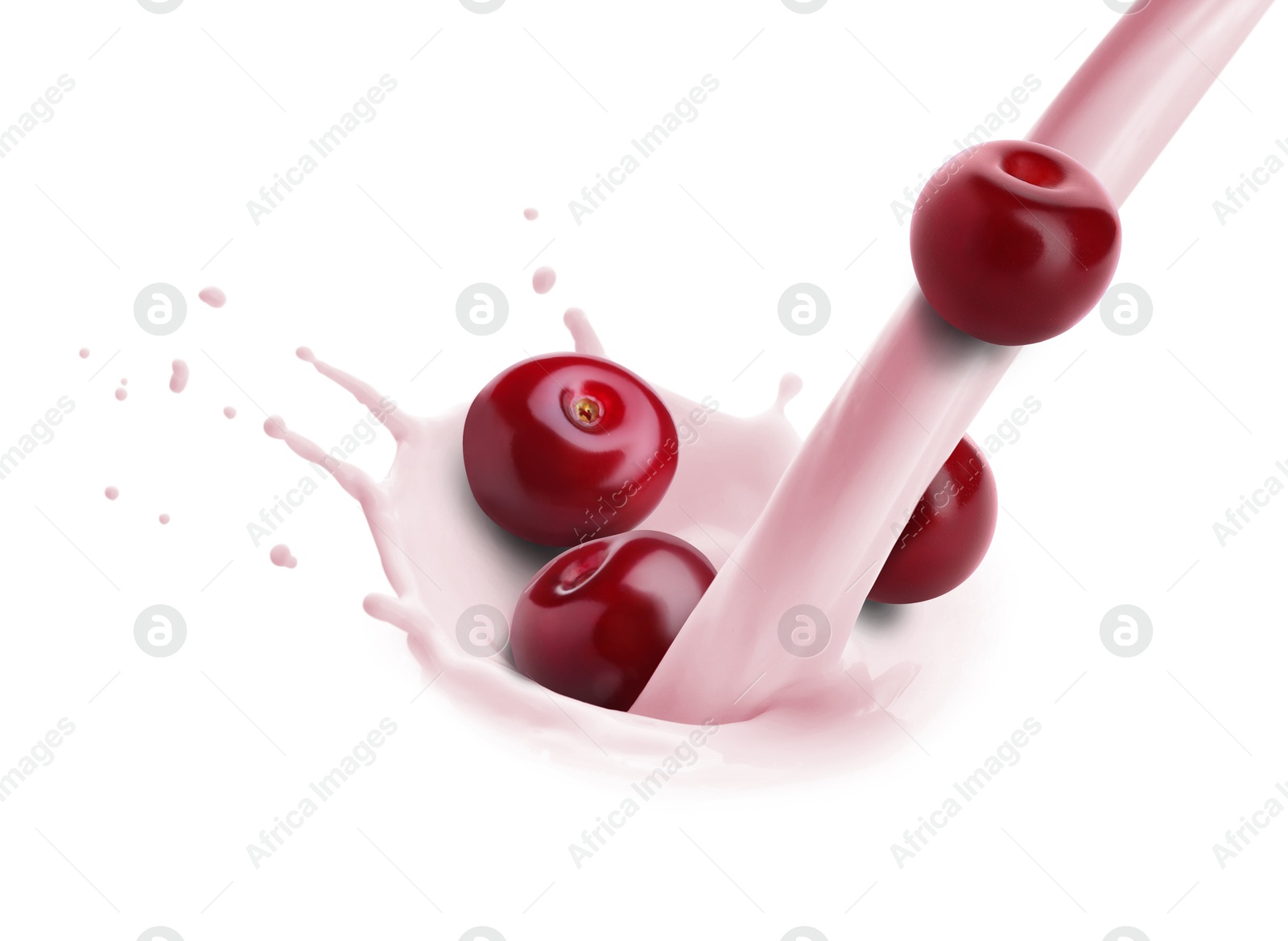 Image of Pouring cherry milkshake with berries on white background