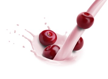 Image of Pouring cherry milkshake with berries on white background