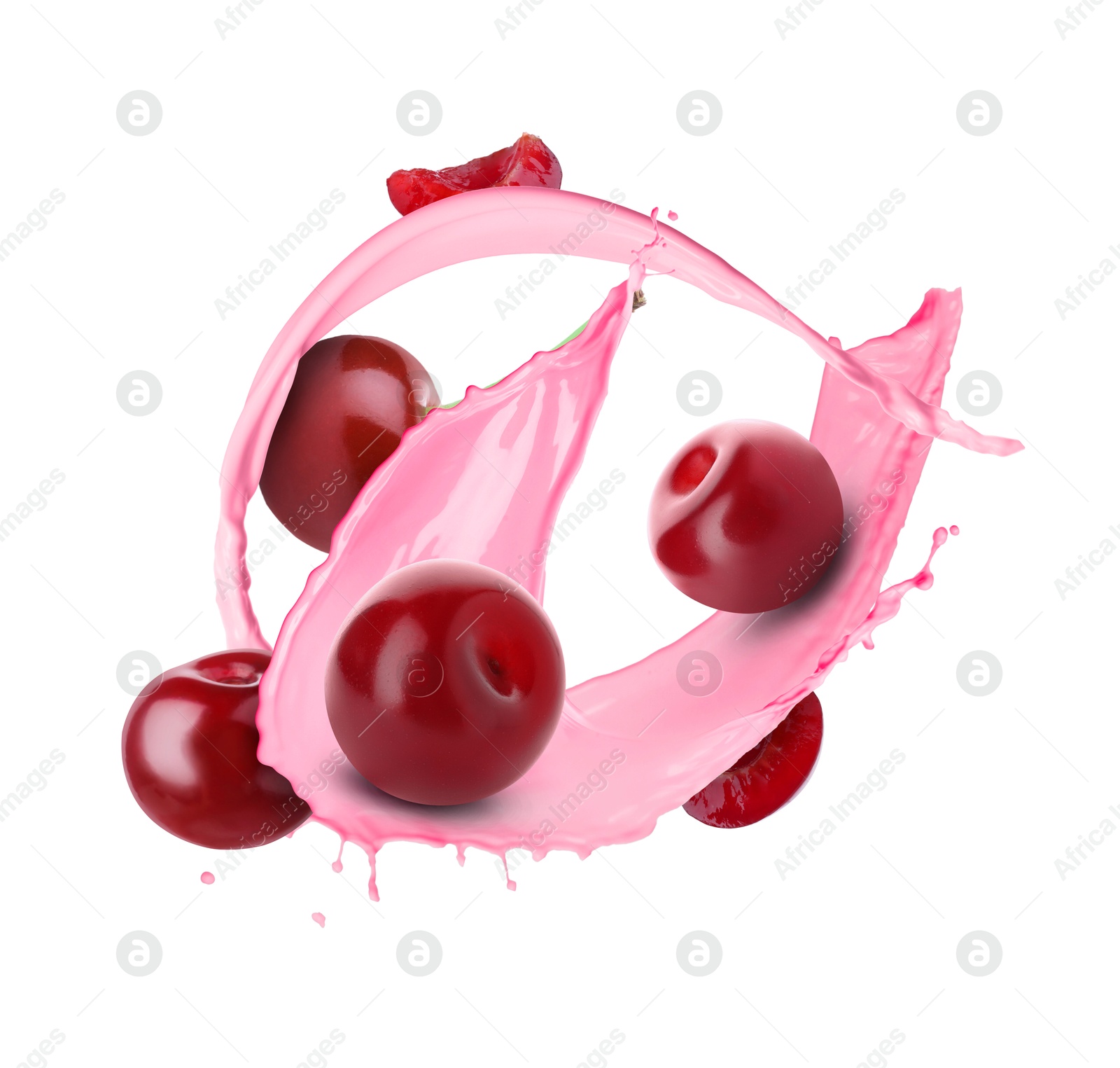 Image of Cherry milkshake splash with berries in air on white background