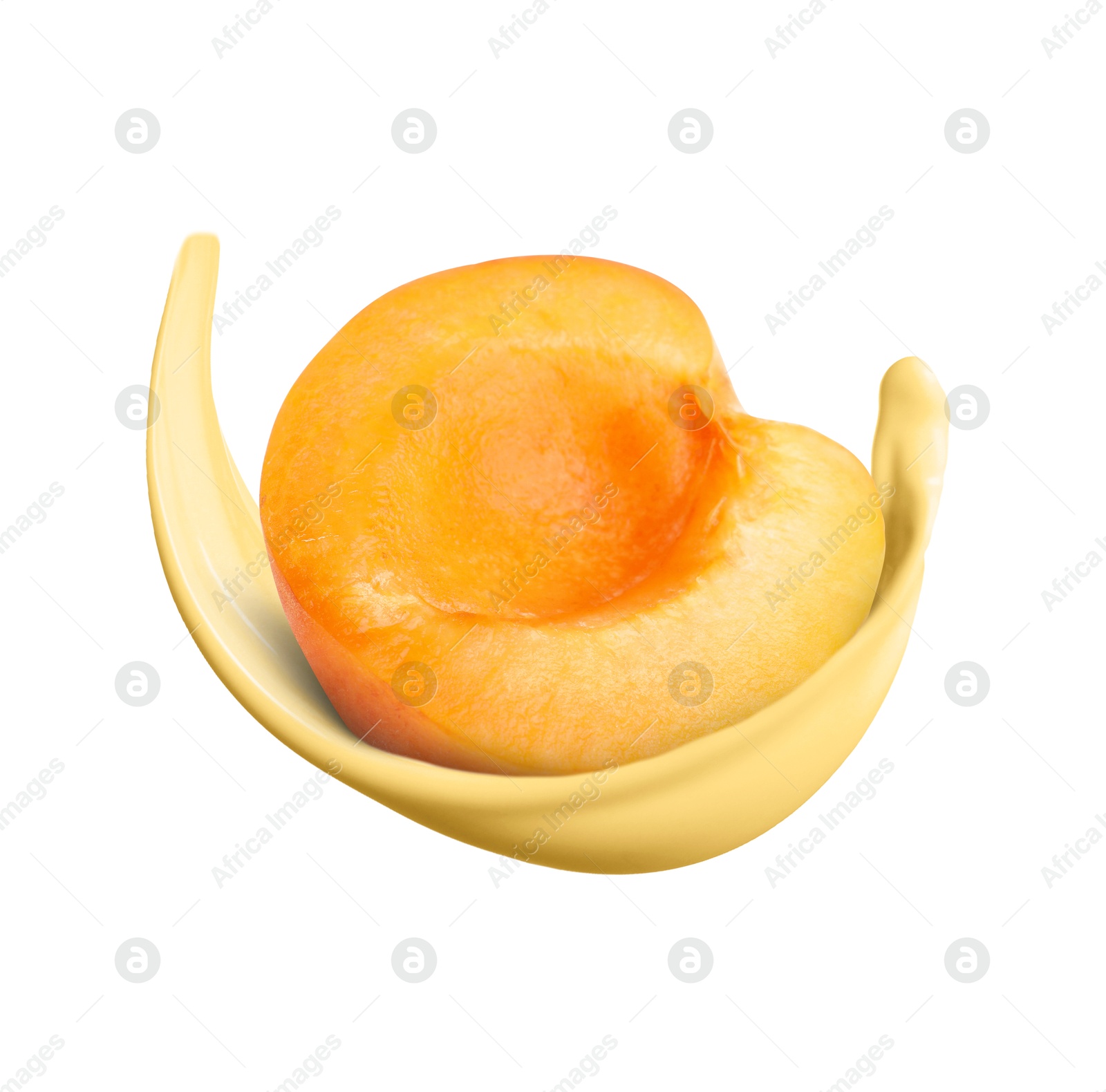 Image of Peach milkshake splash with fruit in air on white background