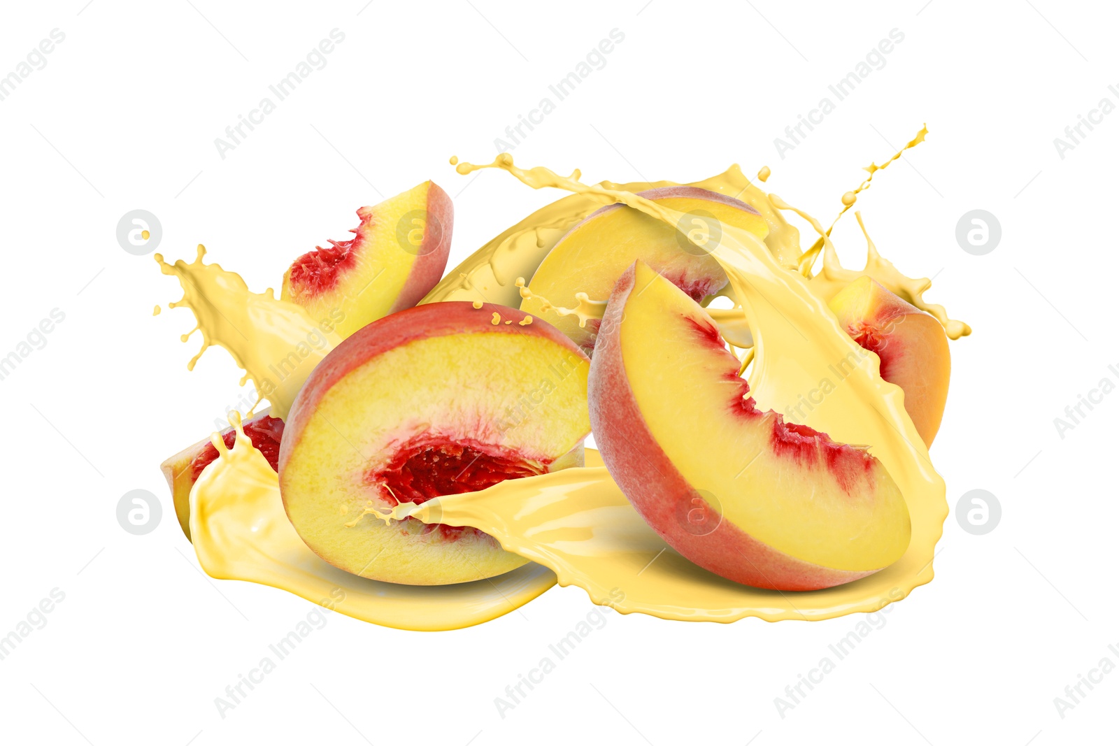 Image of Peach milkshake splash with fruits in air on white background