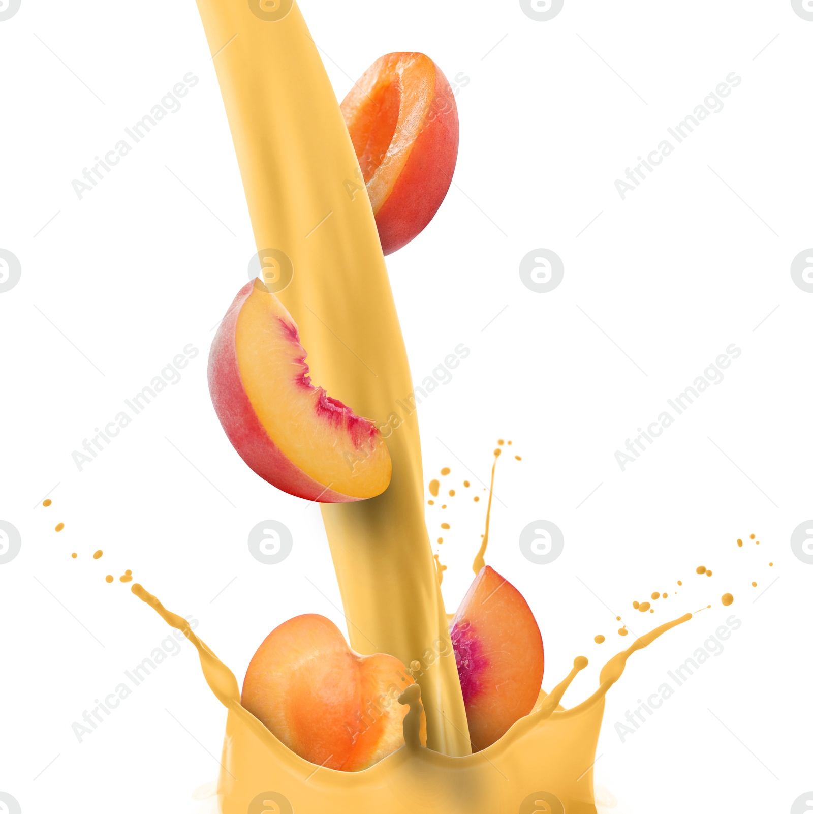 Image of Pouring peach milkshake with pieces of fruit on white background