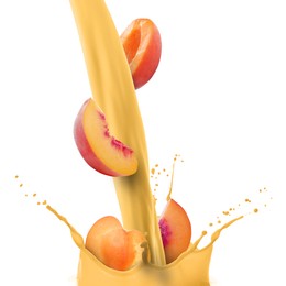 Image of Pouring peach milkshake with pieces of fruit on white background