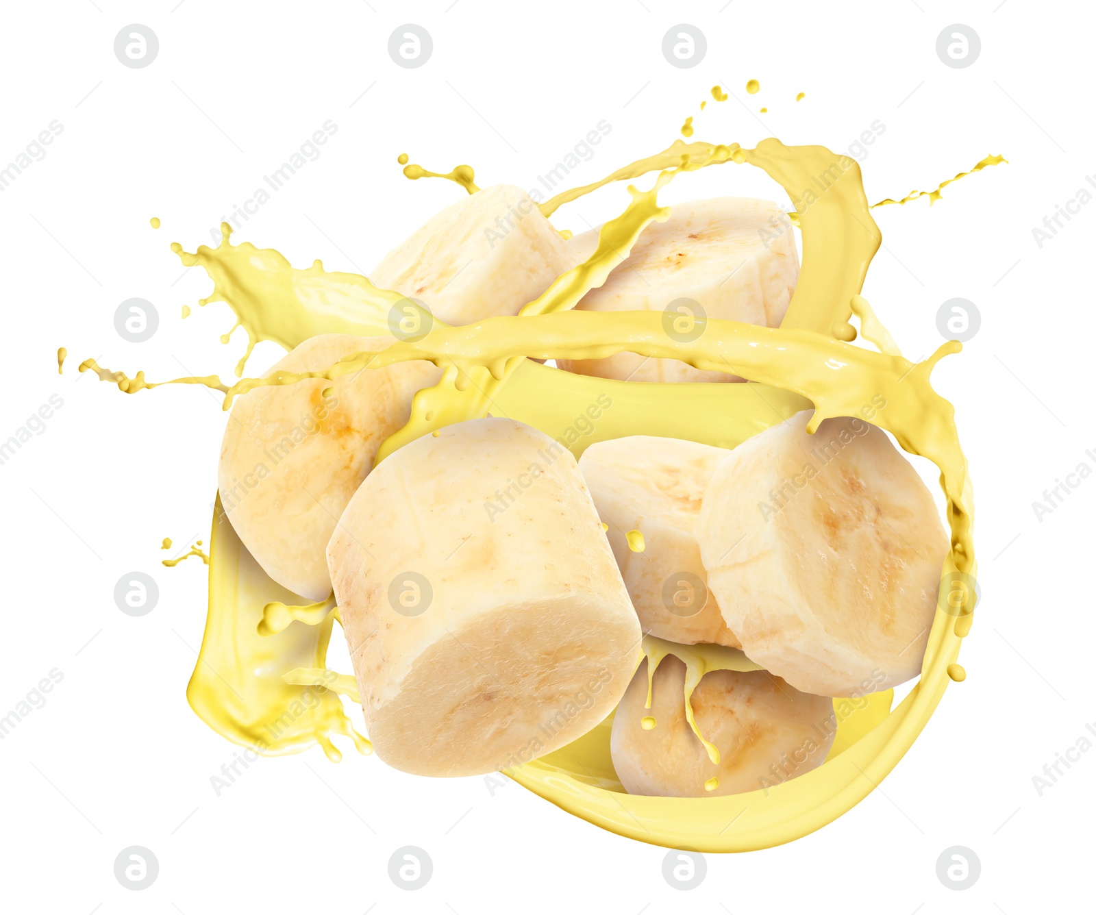 Image of Banana milkshake splash with pieces of fruit in air on white background