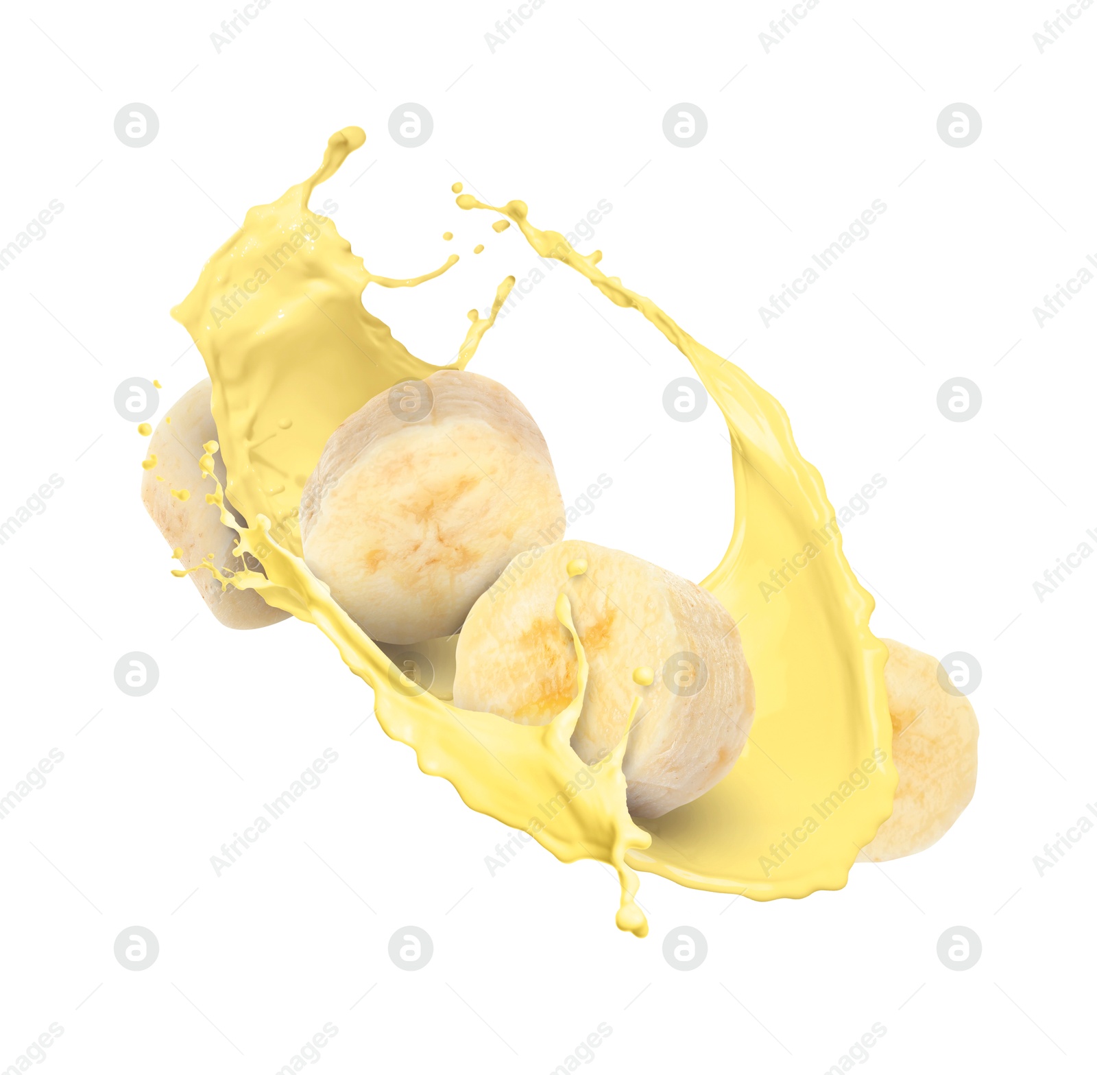 Image of Banana milkshake splash with pieces of fruit in air on white background