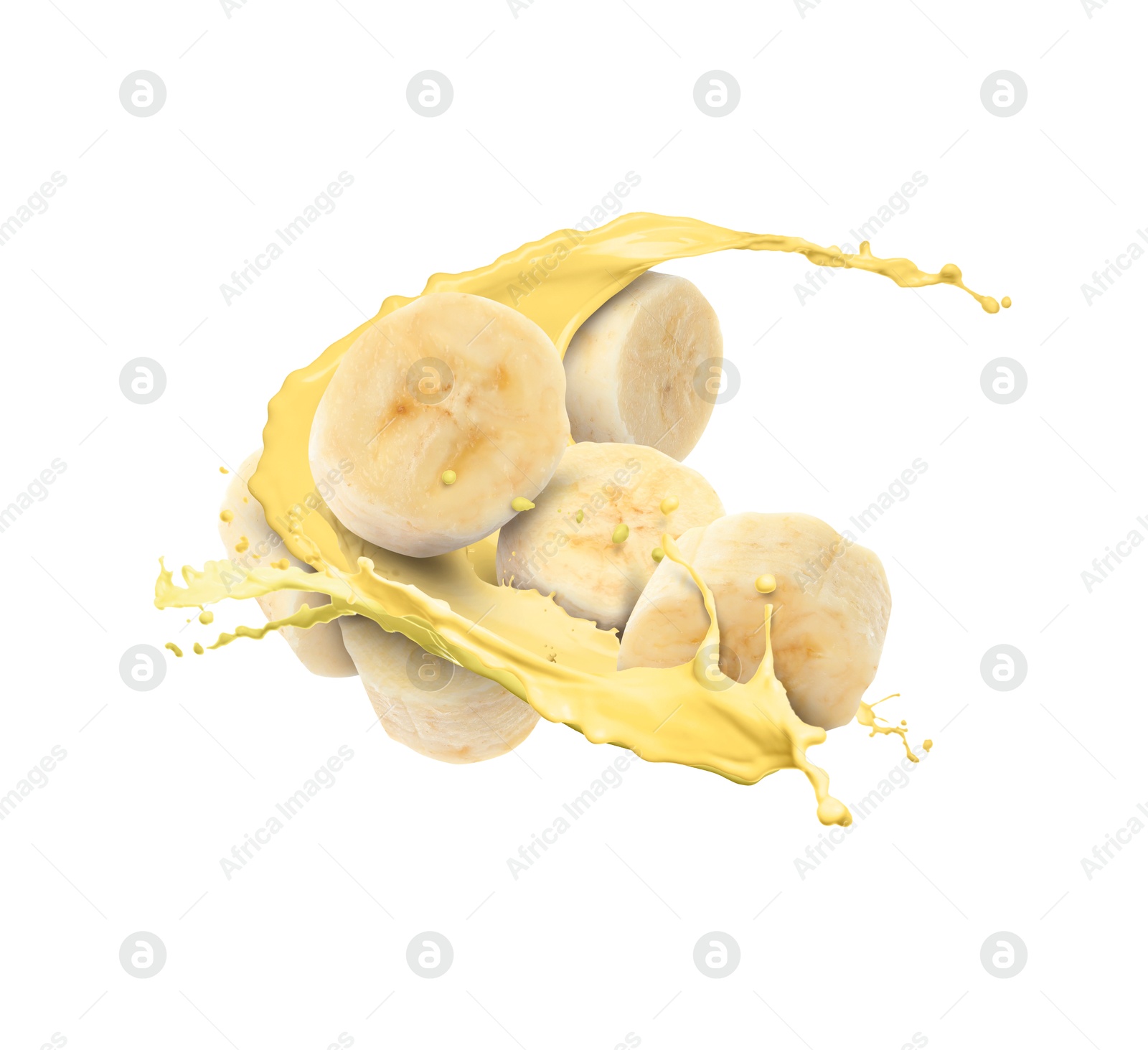 Image of Banana milkshake splash with pieces of fruit in air on white background