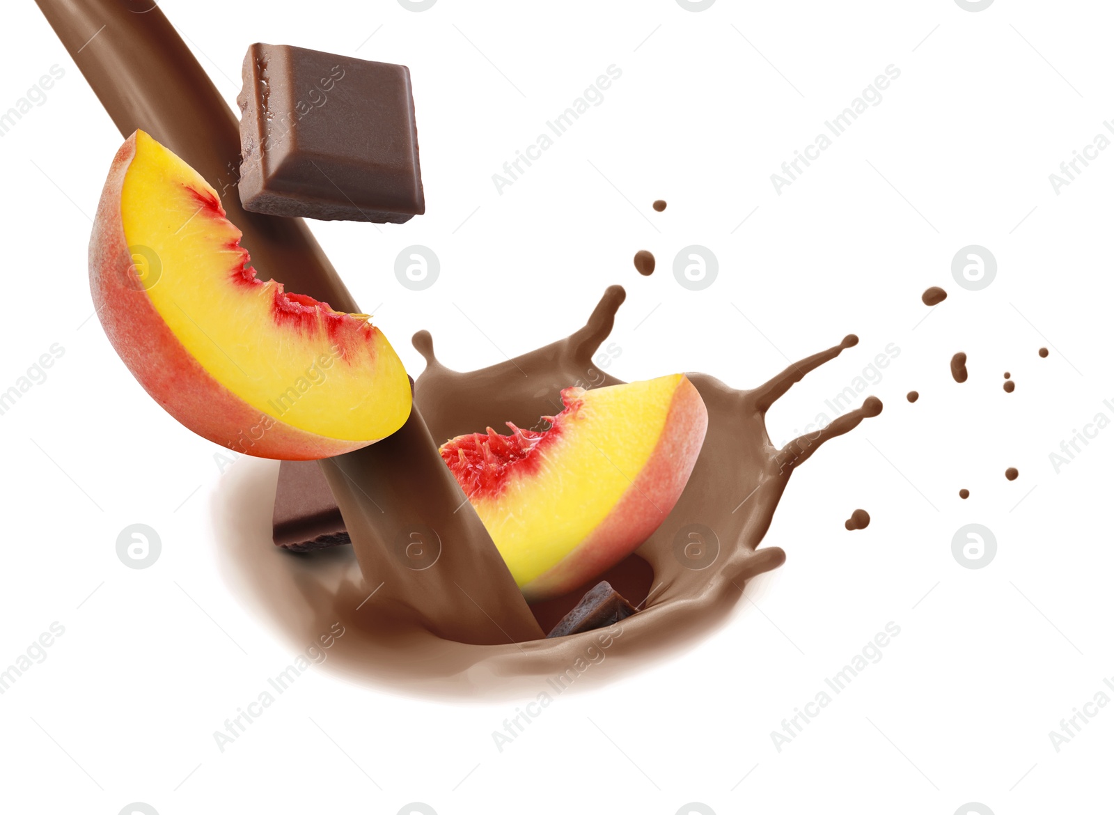 Image of Pouring tasty milkshake with peach and pieces of chocolate on white background