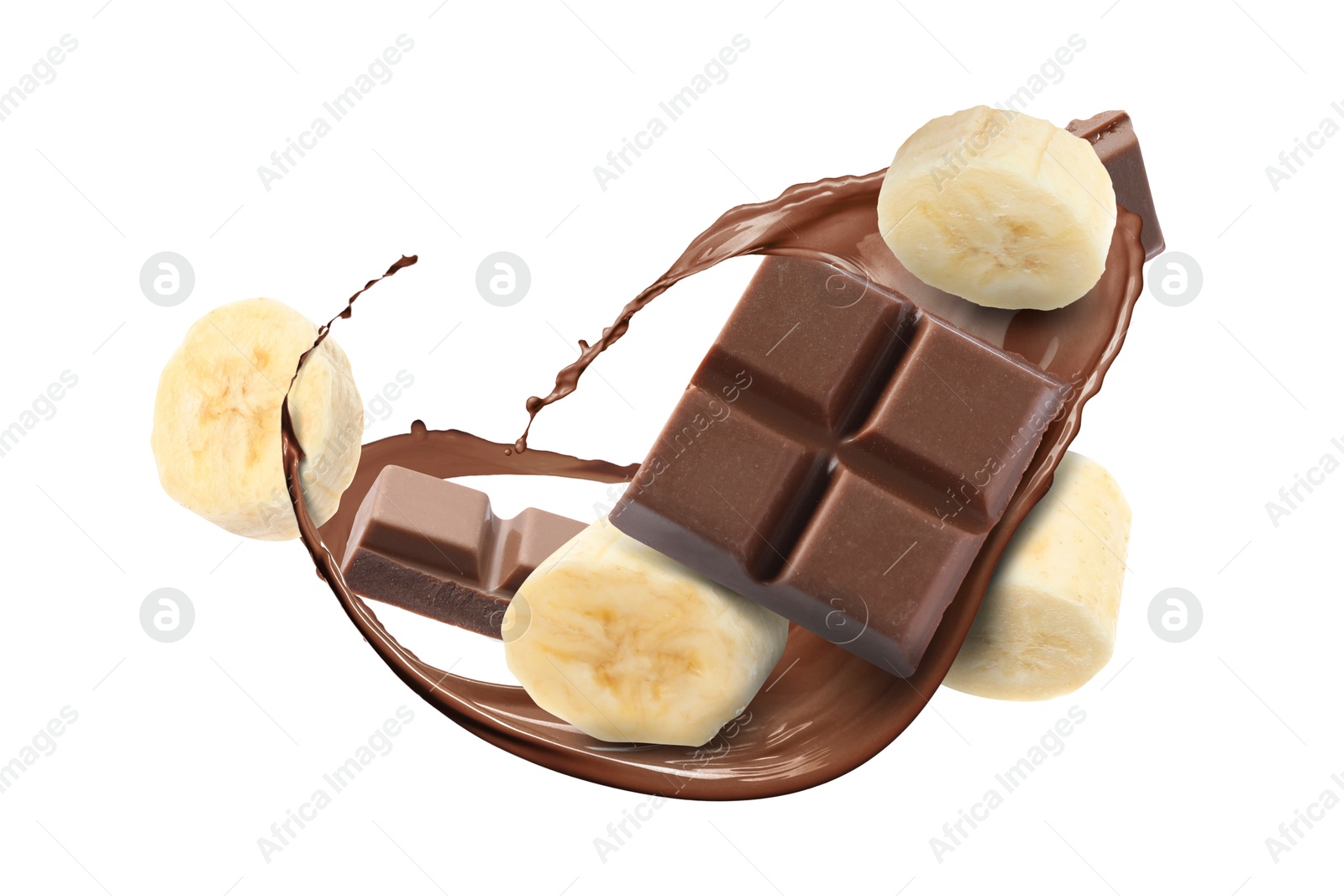 Image of Milkshake splash with pieces of chocolate and banana in air on white background