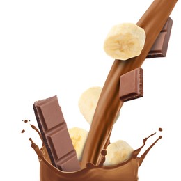 Image of Pouring tasty milkshake with pieces of chocolate and banana on white background