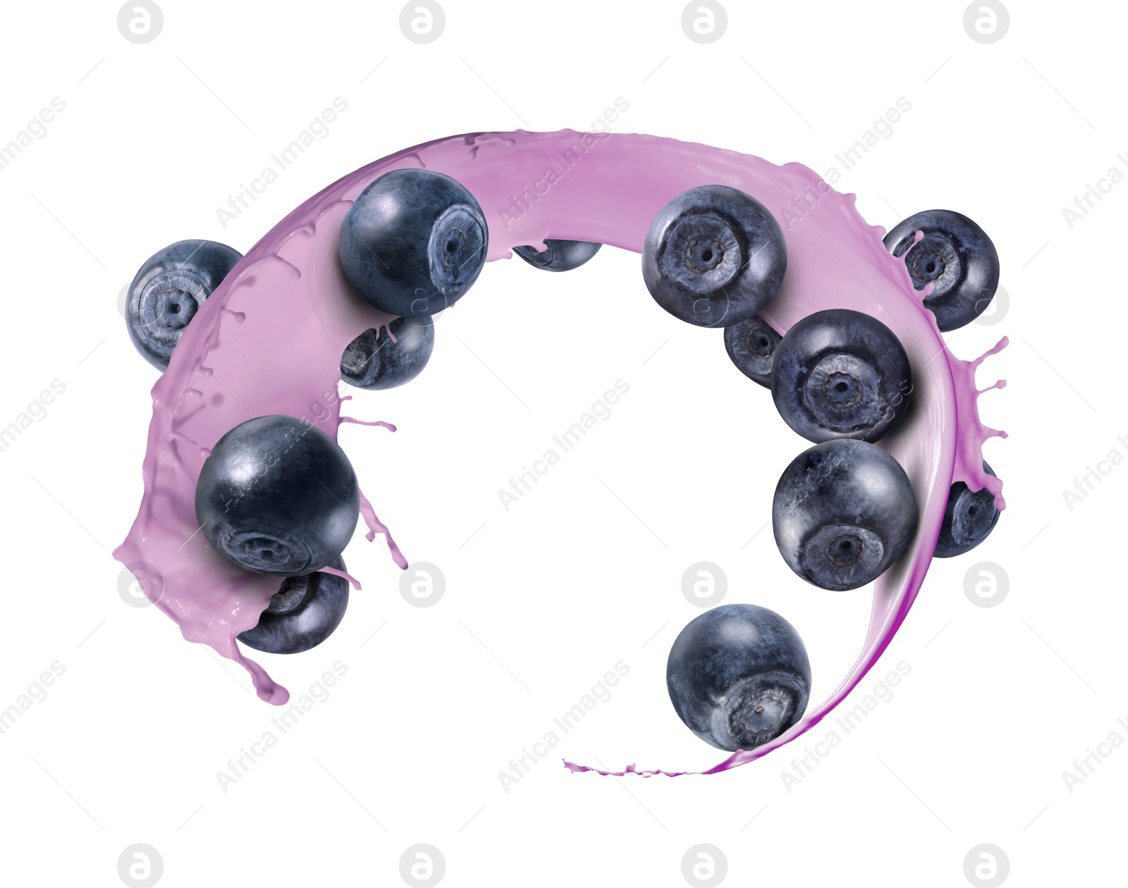 Image of Blueberry milkshake splash with berries in air on white background