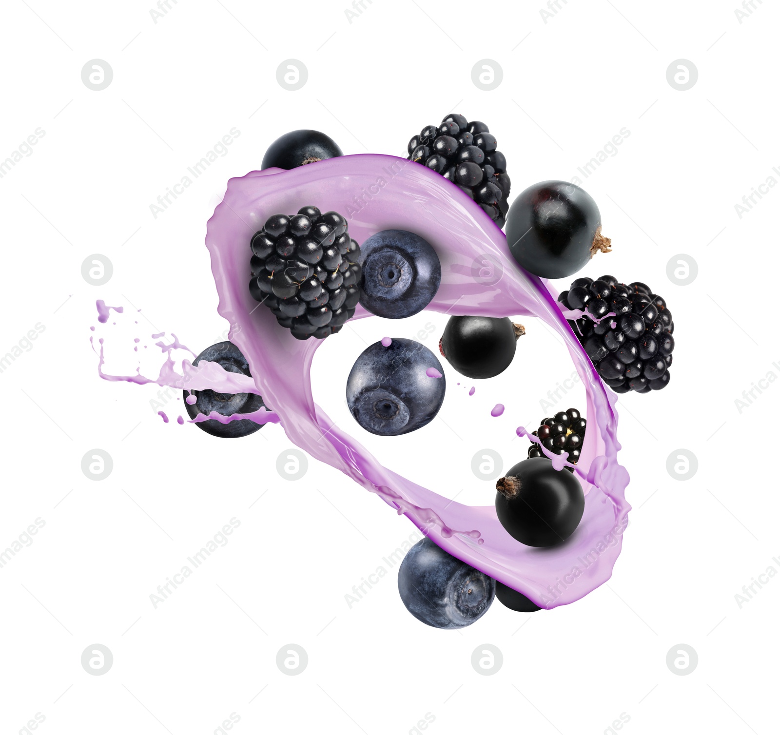 Image of Tasty milkshake with different berries in air on white background