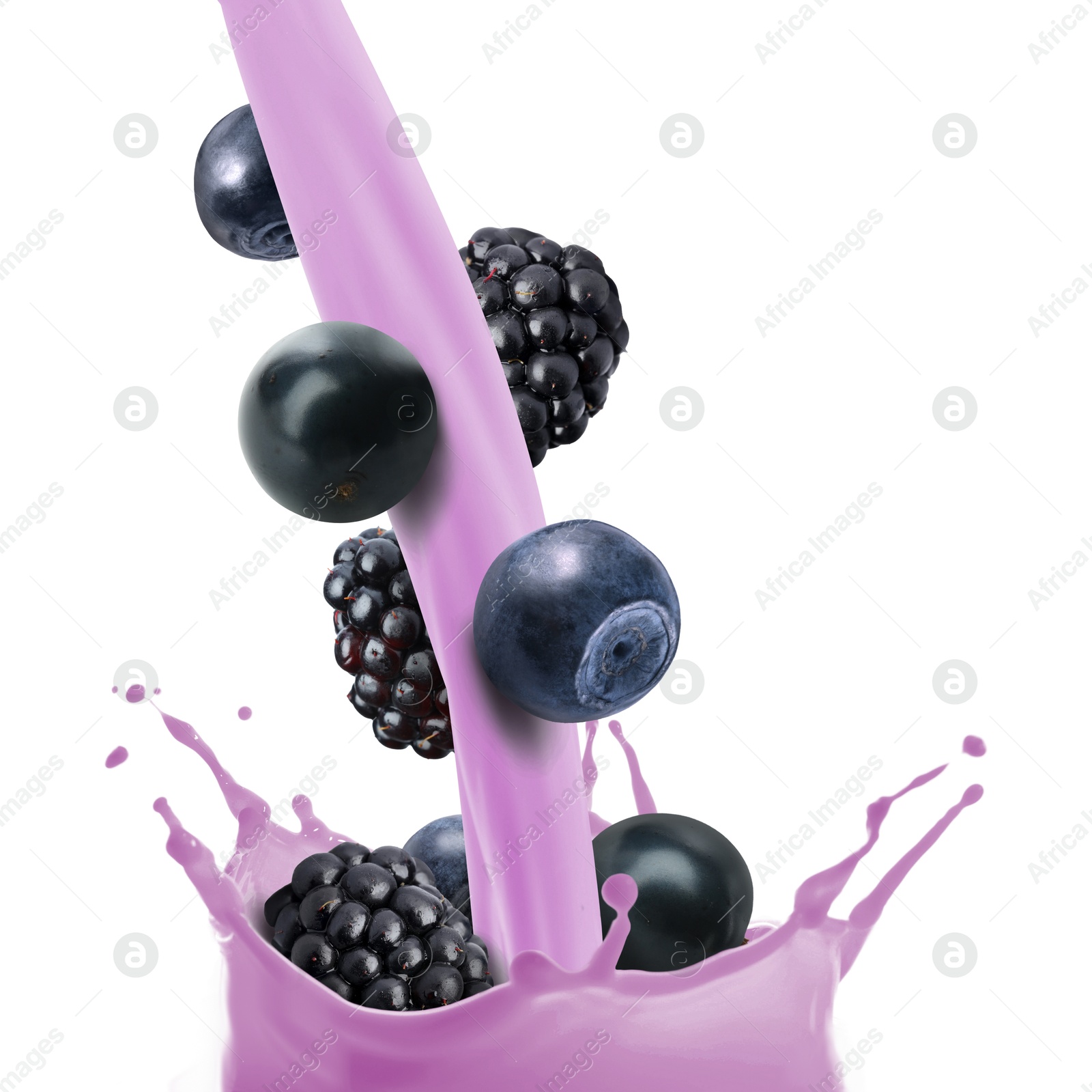 Image of Pouring tasty milkshake with different berries on white background