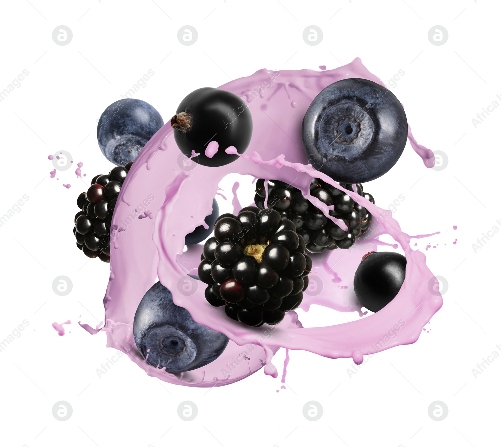 Image of Tasty milkshake with different berries in air on white background