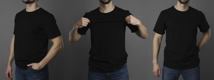 Image of Man in black t-shirt, closeup. Collage of photos on grey background. Mockup for design