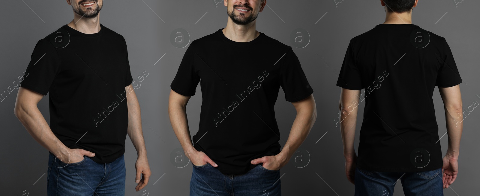 Image of Man in black t-shirt, closeup. Collage of photos on grey background. Mockup for design