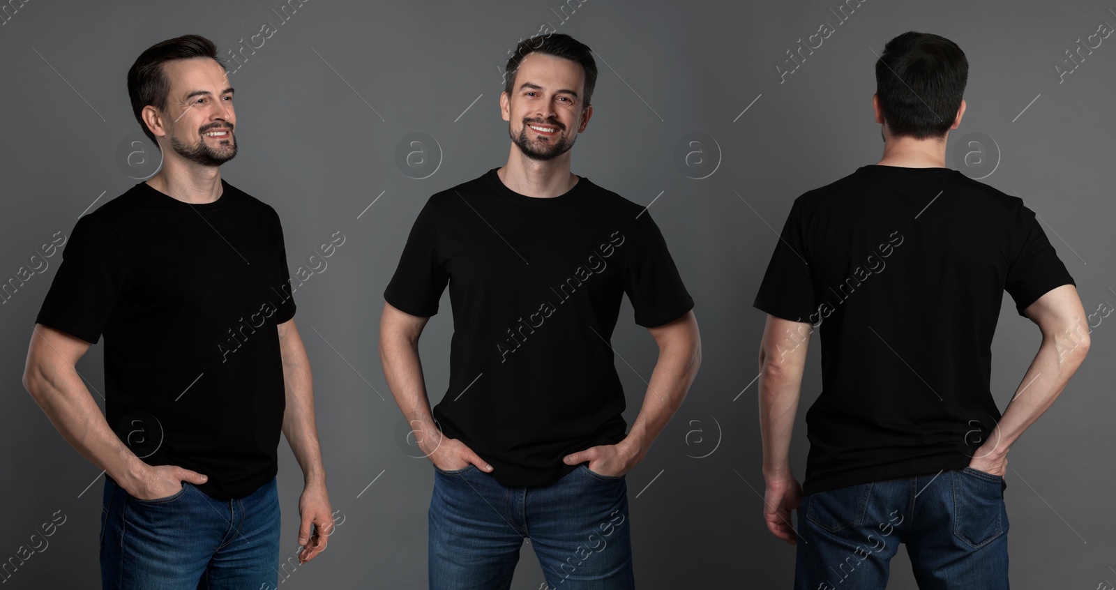 Image of Man in black t-shirt on grey background. Collage of photos. Mockup for design