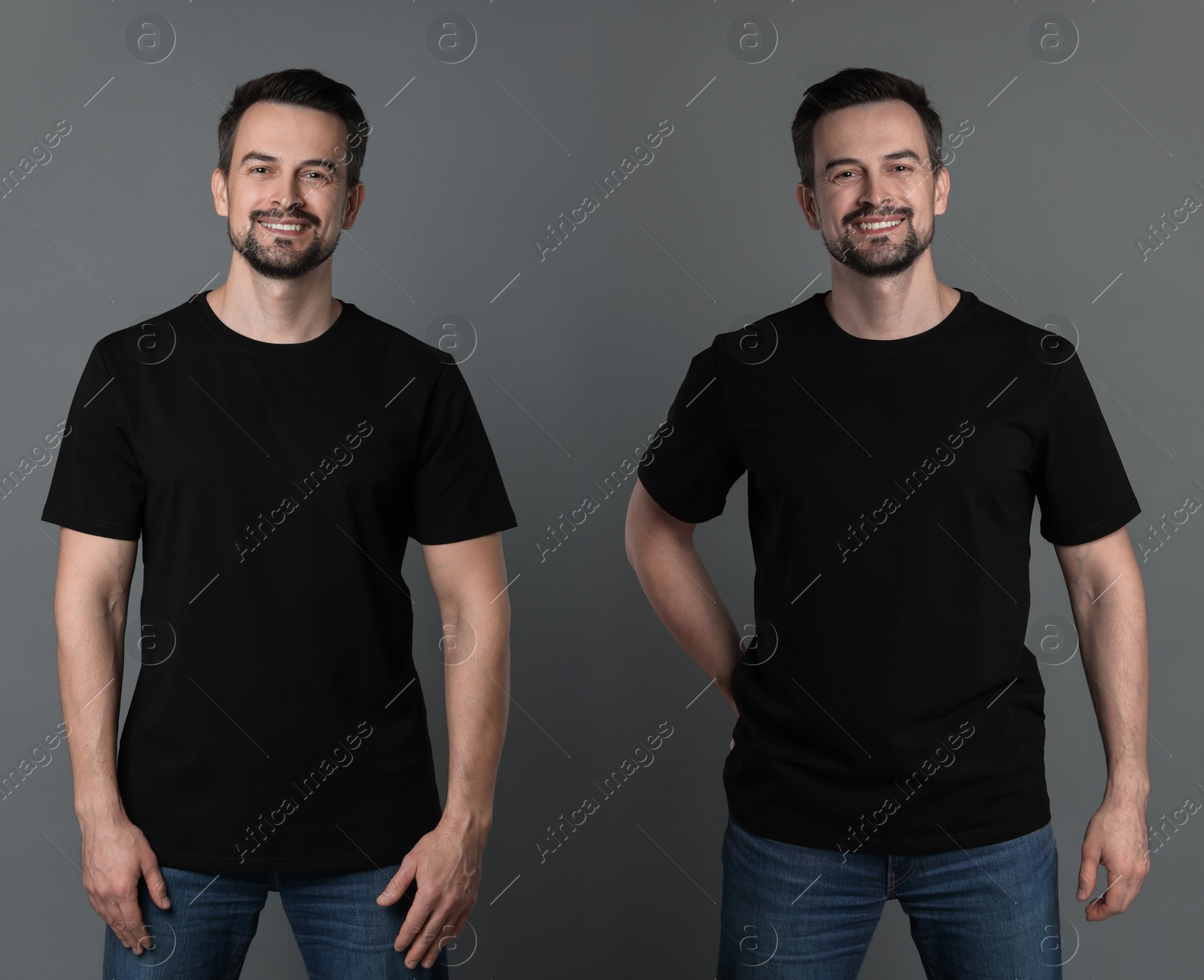 Image of Man in black t-shirt on grey background. Collage of photos. Mockup for design