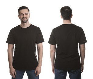 Image of Man in dark brown t-shirt. Collage of photos on white background. Mockup for design