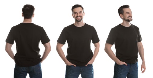 Image of Man in dark brown t-shirt. Collage of photos on white background. Mockup for design