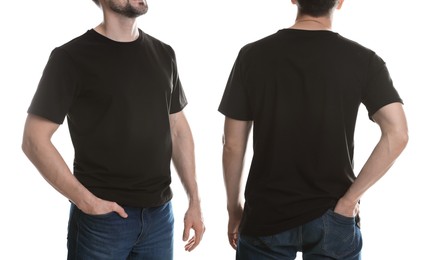 Image of Man in dark brown t-shirt, closeup. Collage of photos on white background. Mockup for design