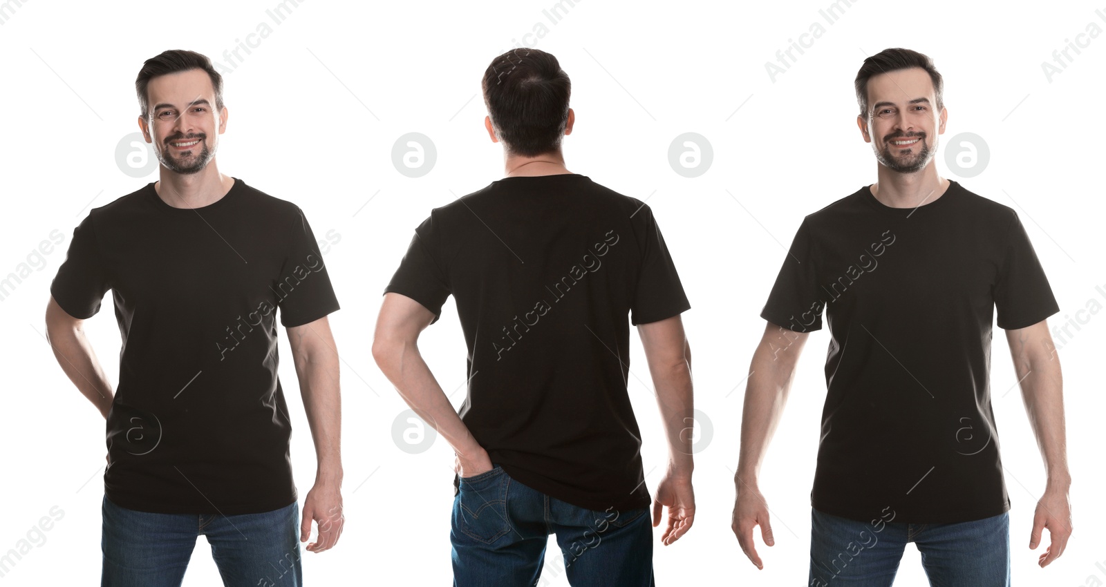 Image of Man in dark brown t-shirt. Collage of photos on white background. Mockup for design