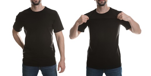 Image of Man in dark brown t-shirt, closeup. Collage of photos on white background. Mockup for design