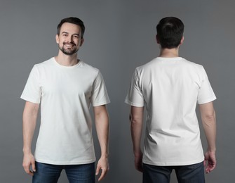 Image of Man in white t-shirt. Collage of photos on grey background. Mockup for design