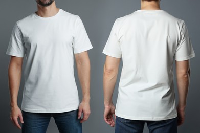 Image of Man in white t-shirt, closeup. Collage of photos on grey background. Mockup for design