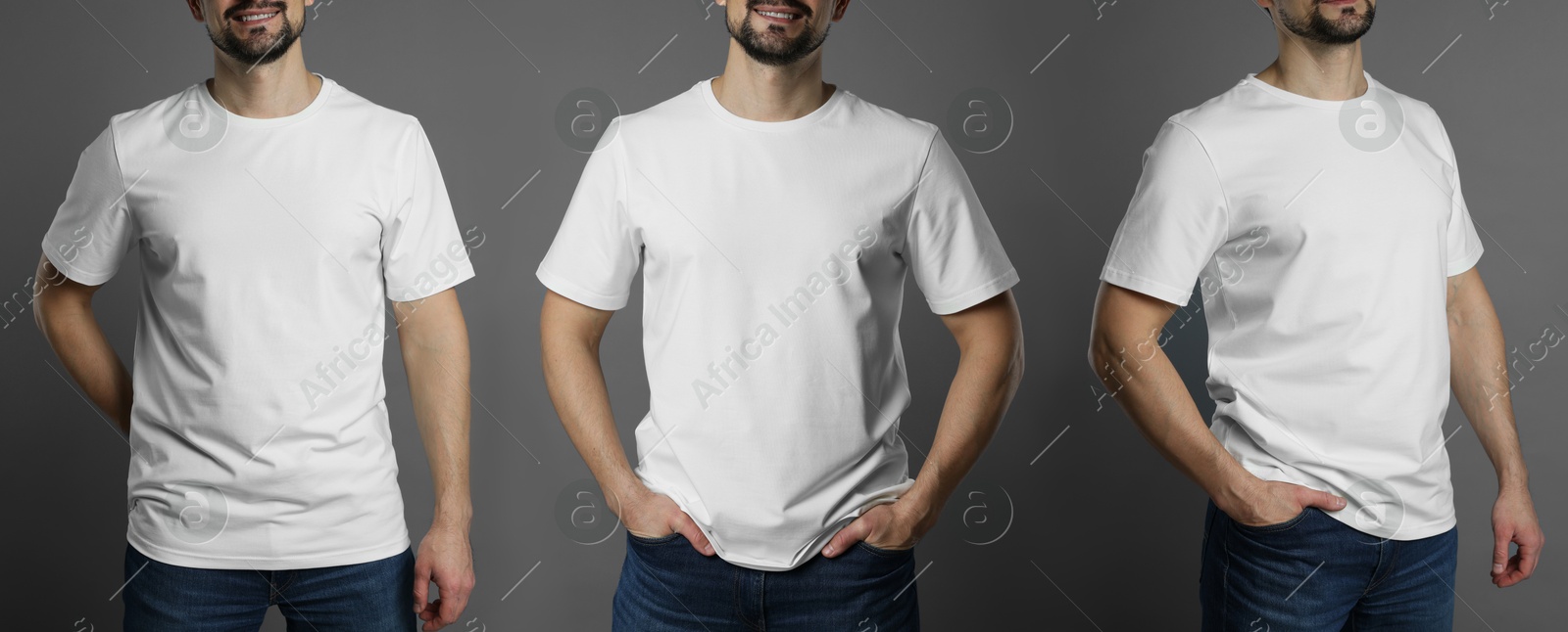 Image of Man in white t-shirt, closeup. Collage of photos on grey background. Mockup for design