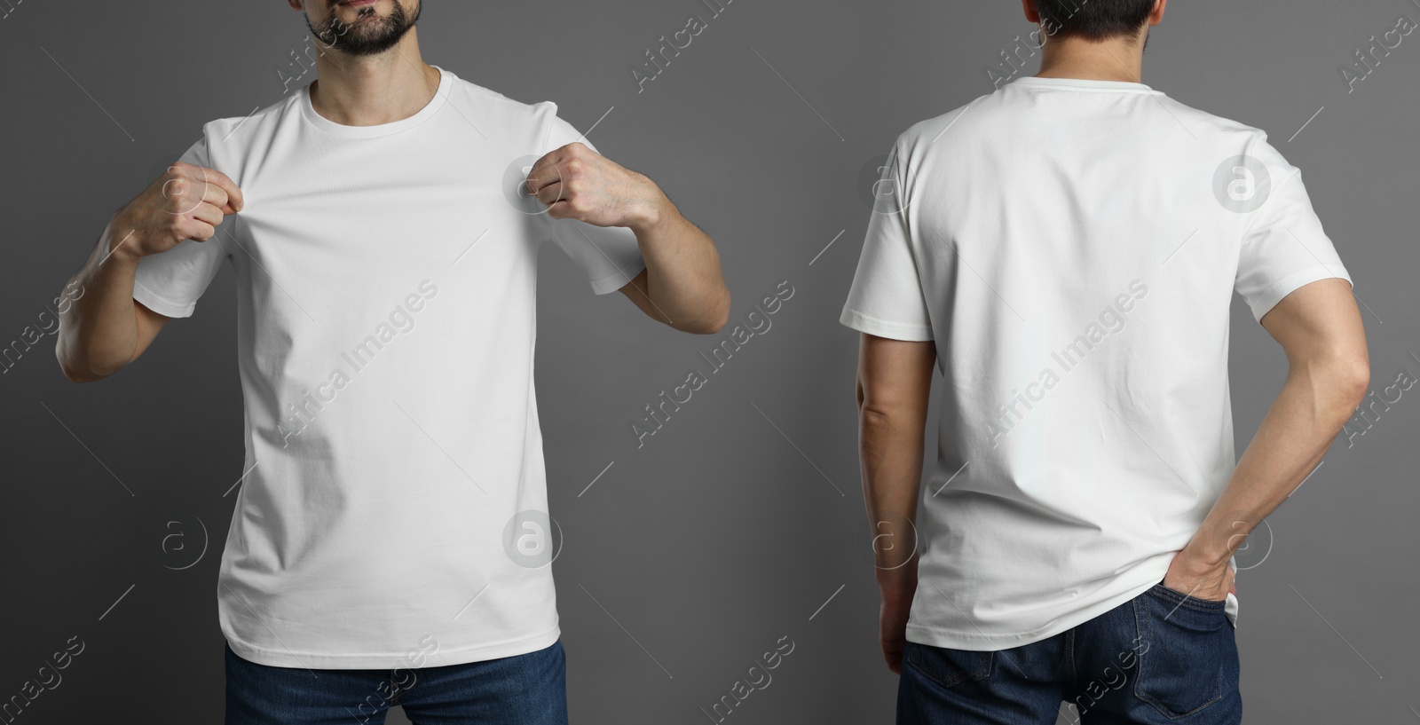 Image of Man in white t-shirt, closeup. Collage of photos on grey background. Mockup for design